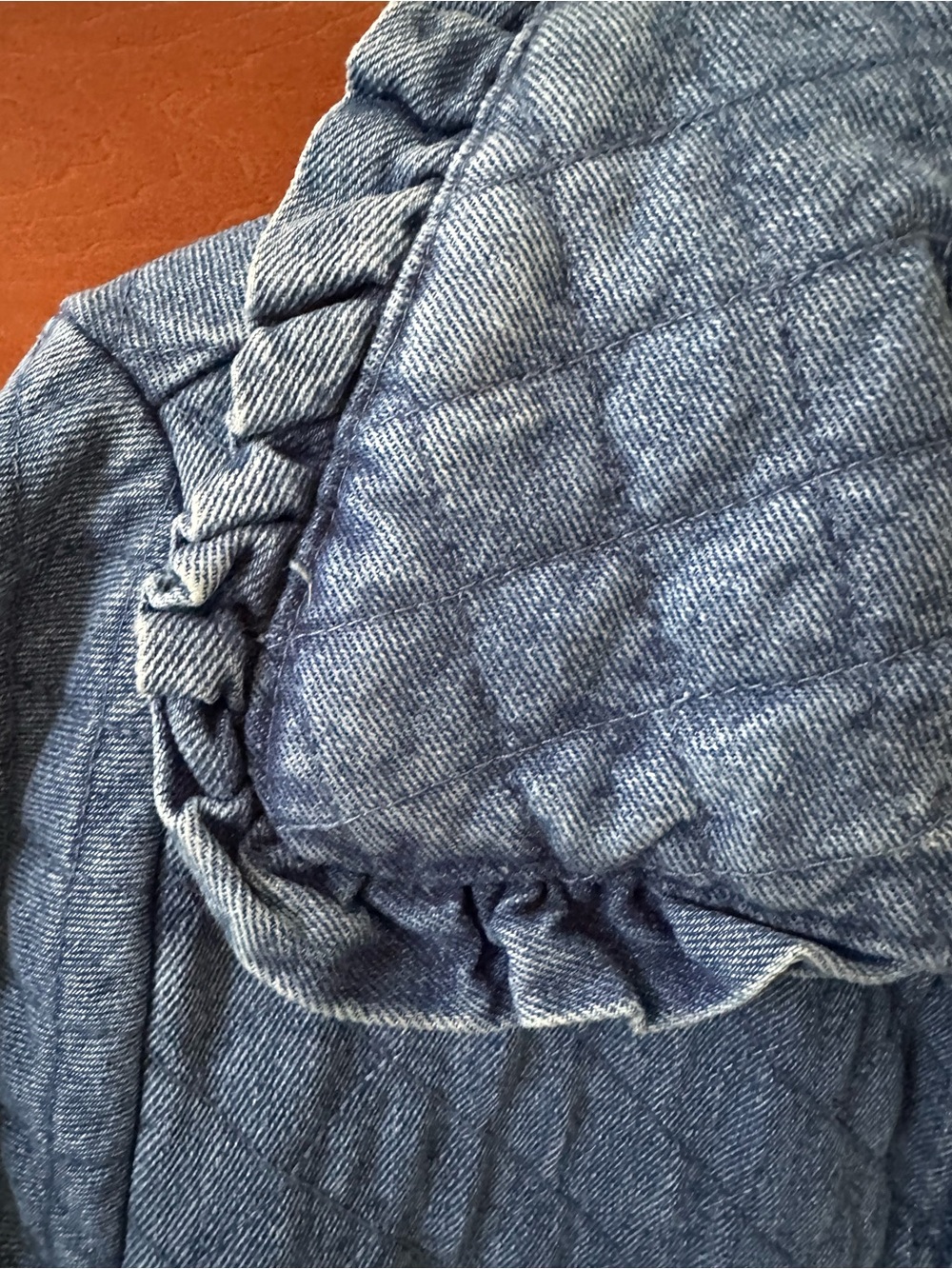 Avec Les Filles Quilted Denim Jacket with Ruffle Collar in Light Blue - Picture 3 of 7